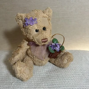 Laurel’s Attic Tan Plush Bear Holding Flower Basket Purple Bow 8” Stuffed Animal - Picture 1 of 9