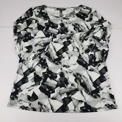 Blusa Ellen Tracy Para Mujer Mediana Negra Gris Geométrica Manga 3/4 Elástica Top Foto 1 de 4