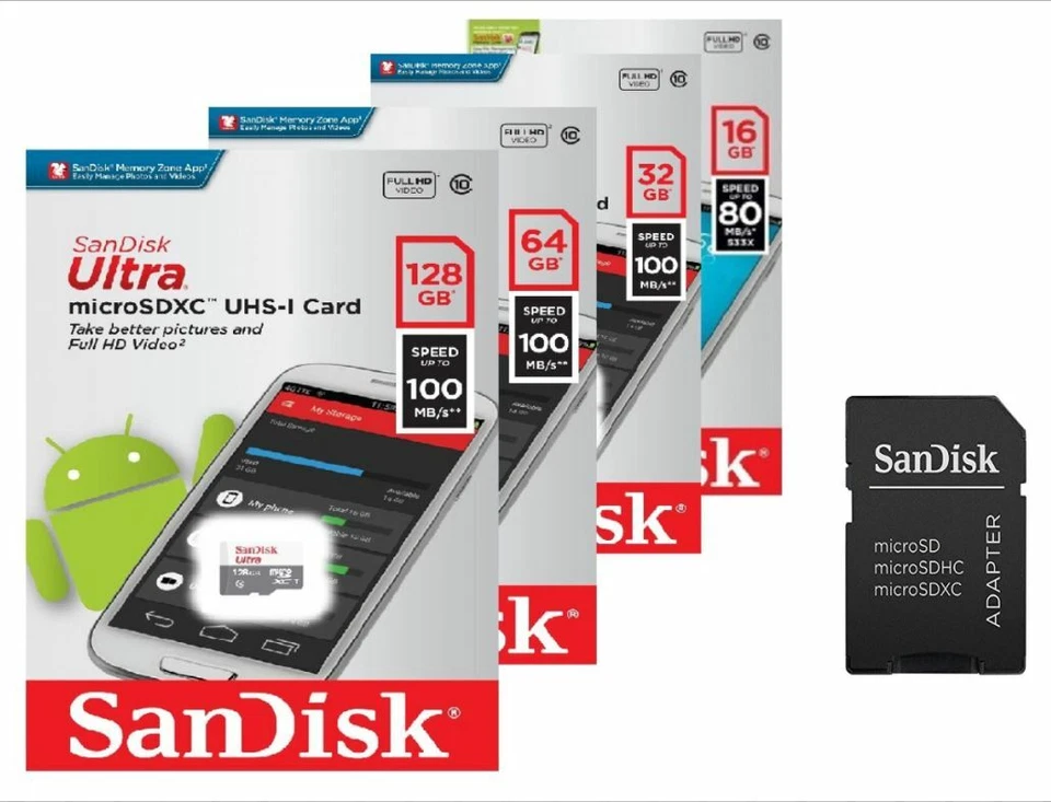 SanDisk ULTRA 16Go 32Go 64Go 128Go 256Go MicroSD Carte mémoire TF C10 100MB/s FR - Image 1 of 1