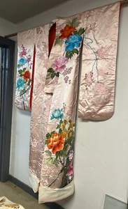 Japanese Traditional Style Kimono And Obi Belt Polyester Pink Tan Floral - Picture 1 of 12