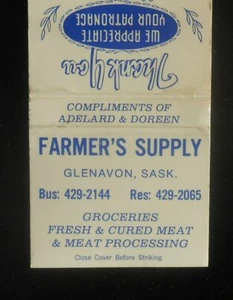 1960s? Farmer's Supply Groceries Fresh & Cured Meat Glenavon SK Canada Matchbook - Picture 1 of 1