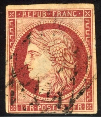 Francia 1849 1fr Scott# 9 copia de cuatro márgenes usada en muy buen estado con pequeño delgado en la parte superior 💥 Foto 1 de 2
