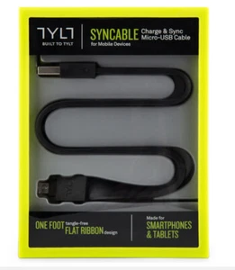 TYLT SYNCABLE Tangle Free Flat Micro USB Charge & Sync Cable Lead 30 cm - Black - Picture 1 of 5