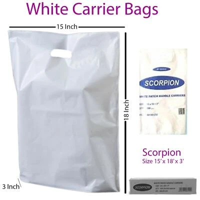 MY SHOP FITTINGS LTD. Strong HD White Patch Handle Plastic Carrier Bags 15 x 18 x 3 (Scorpion)