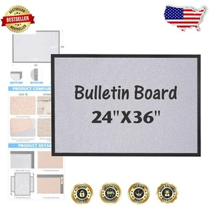 Thick Cork Wall-Mounted Bulletin Board - Grey Canvas, Easy Assembly 24x36 Inch - Picture 1 of 8