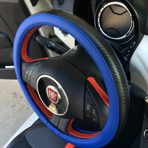Slip-On Sporty Steering Wheel Cover Perfect Fit Blue & Carbon Fiber Style - Picture 1 of 6