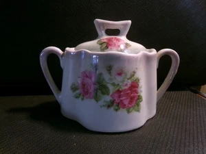 "BAVARIA" Lehmann Arzberg Porcelain Mini Sugar Bowl - Art Deco w/Pink Carnations - Picture 1 of 5