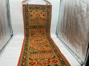 Vintage Chakdha Hand-Embroidered Textile Wall Hanging/Table Runner W/Mirror Work - Picture 1 of 15