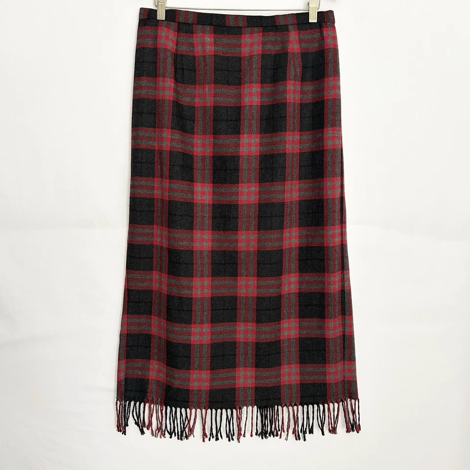 Vintage Dark Academia Buffalo Plaid Fringe Maxi Skirt 14 Preppy Church Office - Image 1 of 4