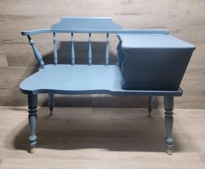 Beautiful Vintage Telephone Conversation Real Wood Gossip Bench Table Blue - Image 1 of 4