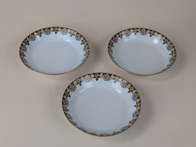 3 Assiettes Creuses Porcelaine Art Déco Fleurs Roses Liseré Or France Ancien - Photo 1/4