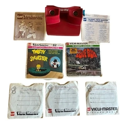 Paquete GAF View-Master vintage de los años 70 - visores rojos y crema + 13 carretes Foto 1 de 4