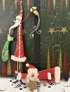 Wood Santa Ornament Folk Art Cottage Core with Skinny Slim Tall Metal Santa - Picture 1 of 9
