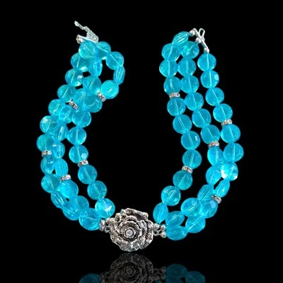 Beautiful Blue Glass Multi Chain Choker Necklace 14in Rose Flower Center - Image 1 of 4
