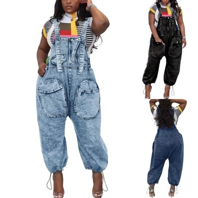 Mono vaquero con tirantes de cintura alta para mujer - Pantalones de mezclilla sueltos de pierna ancha copo de nieve Foto 1 de 4