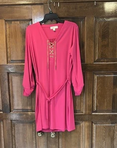 Michael Kors Hot Pink Belted Dress Size Large Gold Accents Lace Up - Picture 1 of 6