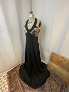 Sequined Halter Dress 1970s Vintage Disco Formal Black and Silver 8 M - Picture 1 of 8