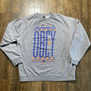 OBEY Mens Adult Pullover Sweatshirt Gray Blue Orange Size XL Rare Spellout Logo - Picture 1 of 6