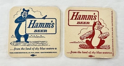 Lote de 2 posavasos de cerveza Hamm’s vintage Bear & Beaver doble cara aguas azul cielo Foto 1 de 4