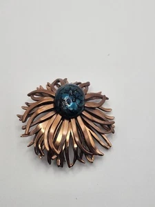 Vintage Matisse Renoir Copper Blue Enamel Flower Daisy Brooch Pin - Picture 1 of 13