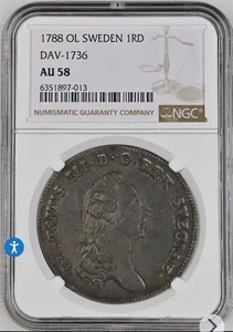 Sweden Silver 1788 Riksdaler NGC AU58 - Picture 1 of 2