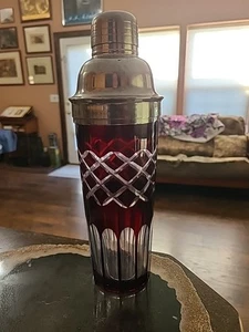 Bohemian Ruby Red Cocktail Shaker Cut To Clear Crystal Stainless Martini Barware - Picture 1 of 6