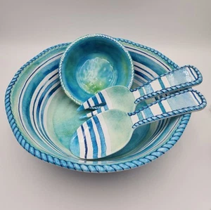 Salad Serving Set  Cynthia Coulter Nautical Ocean Seaside Blue Stripes July 4th - Picture 1 of 19