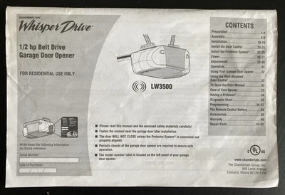 Chamberlain Whisper Drive Security + Garage Door Opener Model LW3500 Manual - Image 1 of 4