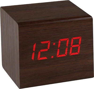 Digital Alarm Clock Indoor Temp Desktop Free Standing Wood USB & Batteries Cube - Image 1 of 2