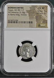 Imperio Romano - Trajano - AD 98-117 - Denario de Plata - NGC Ch XF - Imagen 1 de 4