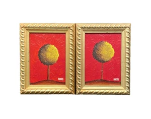 Wendy Detrick Worsham Set of 2 Framed Oil Painting Yellow Tree Red Background - Picture 1 of 13