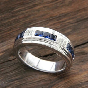 Men's Band Ring 2 Ct Princess Cut Lab Created Blue Sapphire 925 Sterling Silver - Picture 1 of 7
