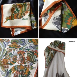 Vtg Fiorio Milan Scarf Birds Abstract 36×34 Wool & Silk Hand Rolled Logo 2 holes - Picture 1 of 23
