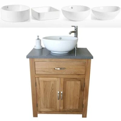 Bathroom Vanity Unit Free Standing Oak Cabinet Grey Quartz Ceramic Basin 502 - Image 1 of 4
