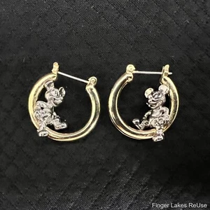 Vintage Gold Tone Silver Mickey Mouse Sitting Hoop Earrings - Picture 1 of 4