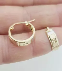Multi Tone Diamond-Cut 15 x 5 mm Round Hoop Earrings New Real 14K Yellow Gold - Picture 1 of 9