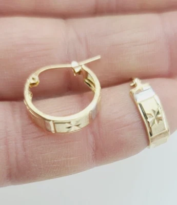 Multi Tone Diamond-Cut 15 x 5 mm Round Hoop Earrings New Real 14K Yellow Gold - Image 1 of 4