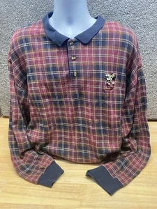 RARE Vintage XXL The Disney Catalog Mickey Outdoors Polo Plaid Long Sleeve FLAW - Picture 1 of 16