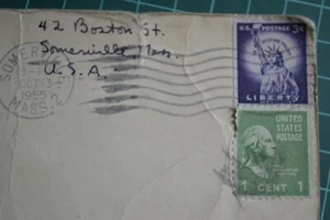 George Washington 1 cent stamp 1789-1797 & 3 cent Liberty on postcard 1955 - Picture 1 of 6