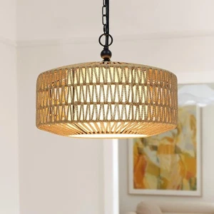 Rattan Chandelier, 3-Lights Boho 19.2 in Pendant Light, Woven, Brown - Picture 1 of 2