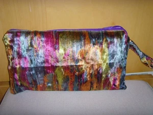 COSMETIC PURSE IN MULTI RAINBOW PRINTED VELVET ZIP 29cm x 16cm WRIST STRAP - Picture 1 of 2