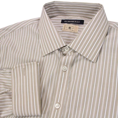 Camisa John Varvatos Para Hombres L 16.5 x 33 Bronceado Rayas Algodón Superfino Puño Francés Foto 1 de 4
