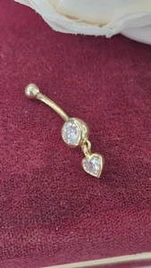 9ct Gold Belly Bar Piercing Clear CZ Crystal Heart drop & Ball End Button - Picture 1 of 6