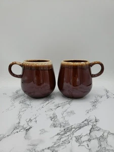 2 McCoy Round Handle Mugs Cups Brown Drip Glazed Rolly Poly POTTERY USA 7025 - Picture 1 of 11
