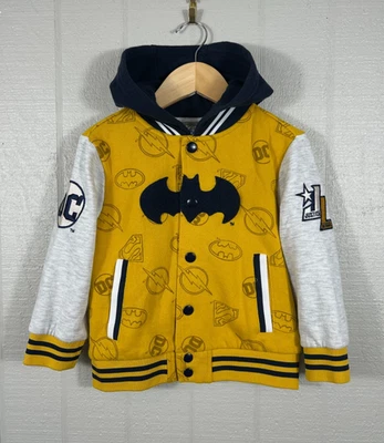 DC Justice League Batman Varsity Jacket Boys 4T Hooded Embroidered Yellow Blue - Image 1 of 4