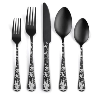 Skull Silverware Set 40 Piece Matte Black Unique Flatware Set for 8,Stainless... - Picture 1 of 7