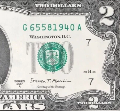 G 6558 1940 A : TRAILING YEAR 1940 $2 Two Dollar Bill Serial Number - Image 1 of 3