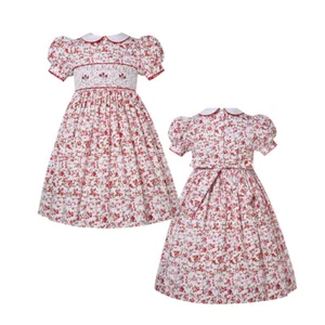 Rose Floral Smocked Dresses Short Puff Sleeve Baby Girls Party School Dress - Picture 1 of 12