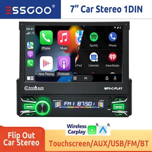 7" Single 1 DIN Car Radio Touch Screen Stereo Player Flip out Bluetooth CarPlay - Picture 1 of 15