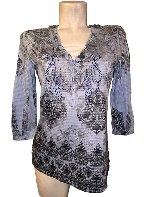 WESTBOUND Top Women's Size S Blue Striped Graphic Print Hooded 3/4 Sleeve Shirt - Image 1 of 4